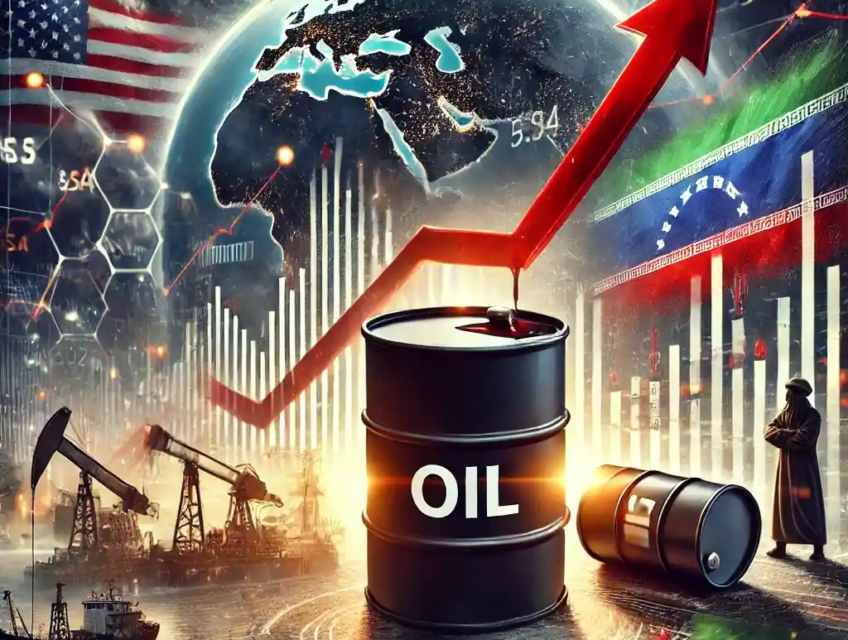 Illustration du marché du pétrole en hausse, avec baril, flèches et tensions géopolitiques entre les États-Unis, l’Iran et le Venezuela.
