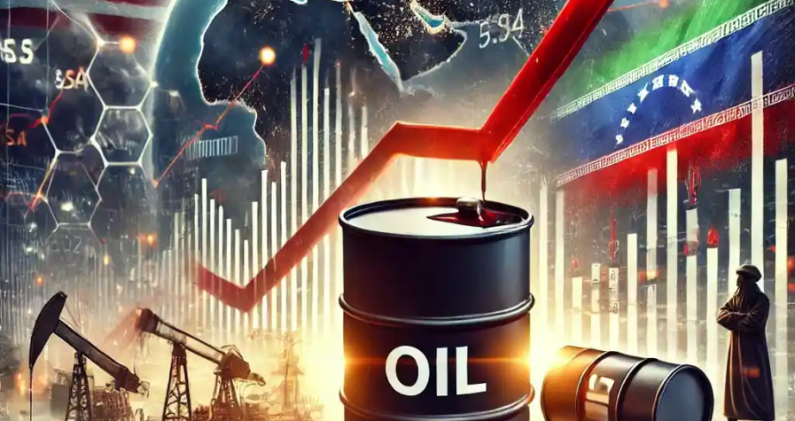 Illustration du marché du pétrole en hausse, avec baril, flèches et tensions géopolitiques entre les États-Unis, l’Iran et le Venezuela.