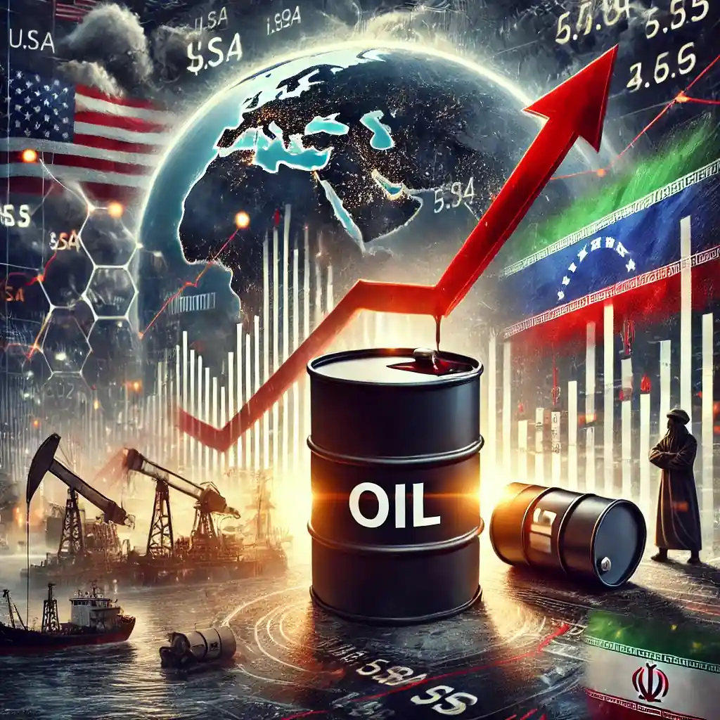 Illustration du marché du pétrole en hausse, avec baril, flèches et tensions géopolitiques entre les États-Unis, l’Iran et le Venezuela.