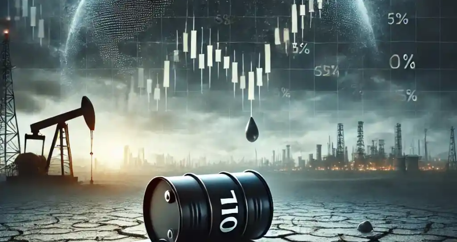 Illustration réaliste d’un baril de pétrole fuyant sur un sol craquelé sous un ciel orageux, symbolisant l’instabilité du marché pétrolier mondial.