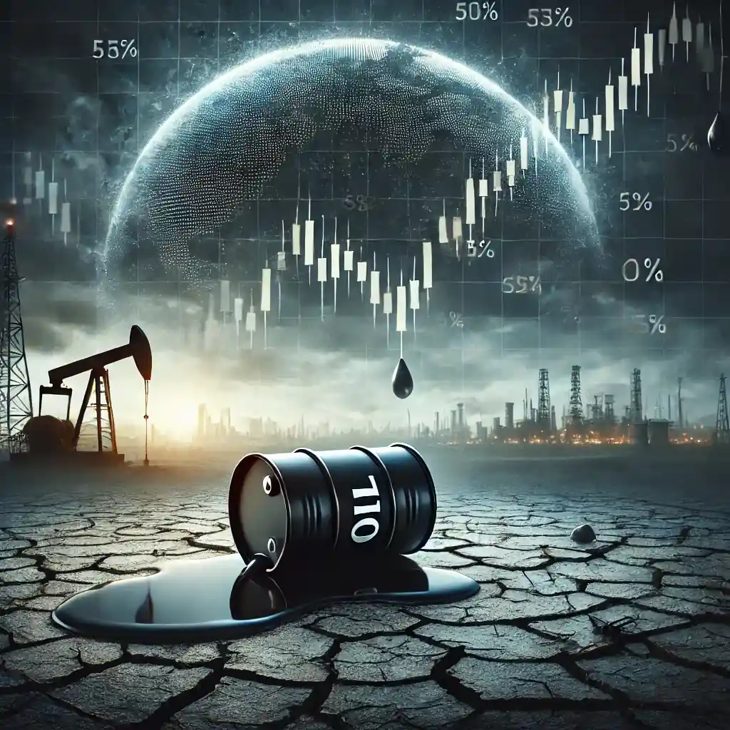 Illustration réaliste d’un baril de pétrole fuyant sur un sol craquelé sous un ciel orageux, symbolisant l’instabilité du marché pétrolier mondial.