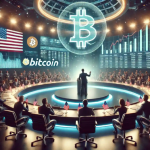 Illustration détaillée de Michael Saylor prenant la parole lors d’un sommet sur la crypto-monnaie, avec des écrans affichant Bitcoin et des graphiques financiers en arrière-plan.