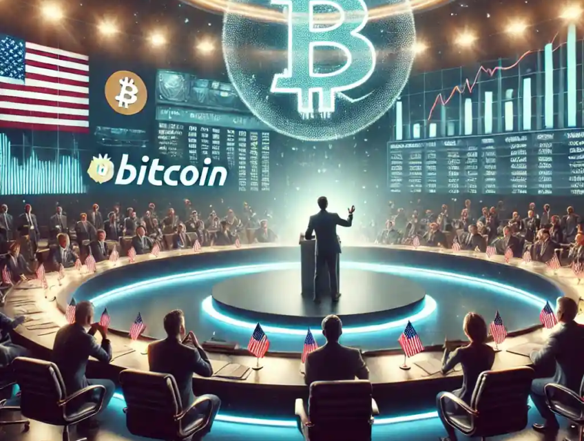 Illustration détaillée de Michael Saylor prenant la parole lors d’un sommet sur la crypto-monnaie, avec des écrans affichant Bitcoin et des graphiques financiers en arrière-plan.