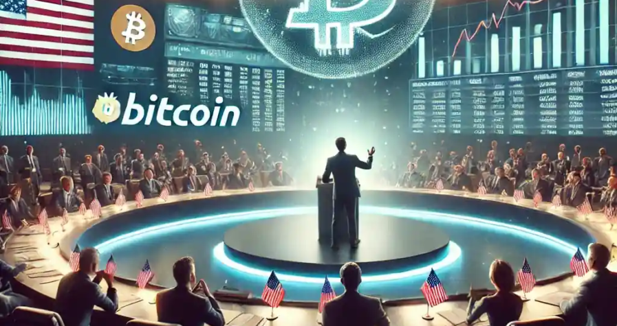 Illustration détaillée de Michael Saylor prenant la parole lors d’un sommet sur la crypto-monnaie, avec des écrans affichant Bitcoin et des graphiques financiers en arrière-plan.