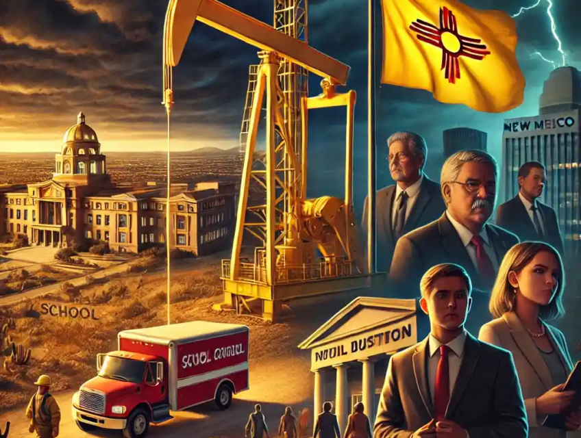 Illustration of New Mexico's oil royalty law showing a golden oil rig, schools, hospitals, and worried oil executives under a stormy sky.