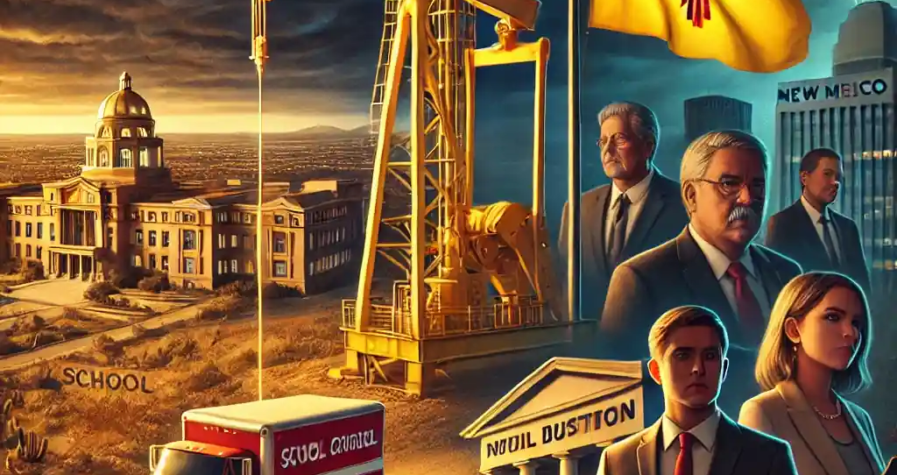 Illustration of New Mexico's oil royalty law showing a golden oil rig, schools, hospitals, and worried oil executives under a stormy sky.