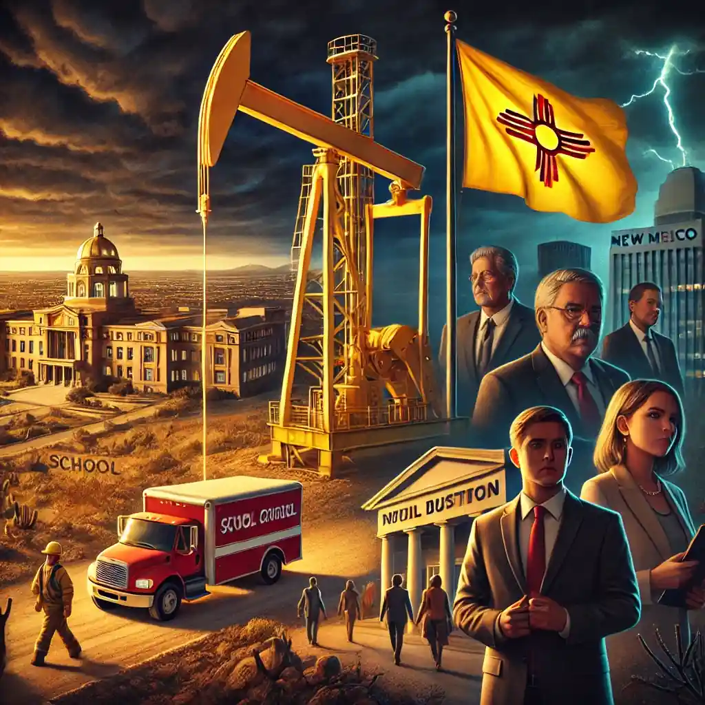 Illustration of New Mexico's oil royalty law showing a golden oil rig, schools, hospitals, and worried oil executives under a stormy sky.