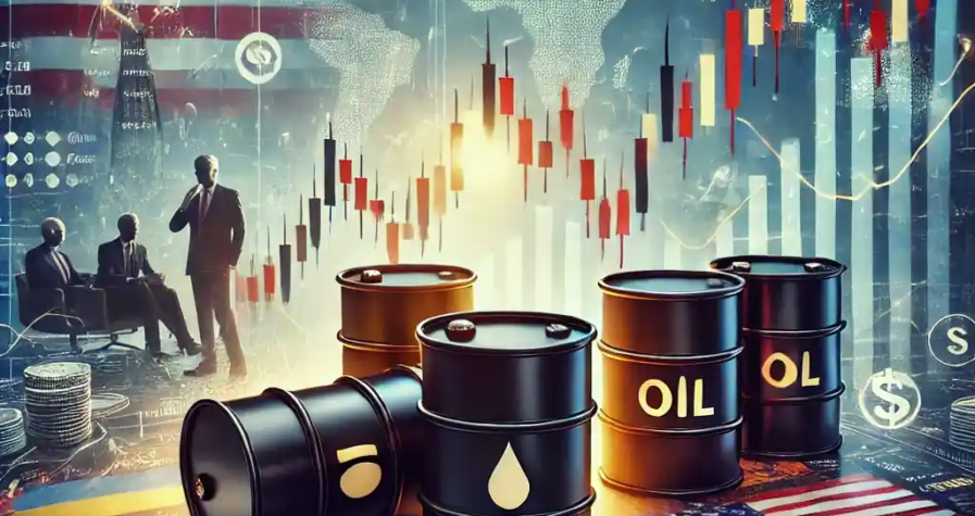 An illustration featuring oil barrels with a fluctuating price chart, diplomatic discussions, trade tariff symbols, and global economic indicators.