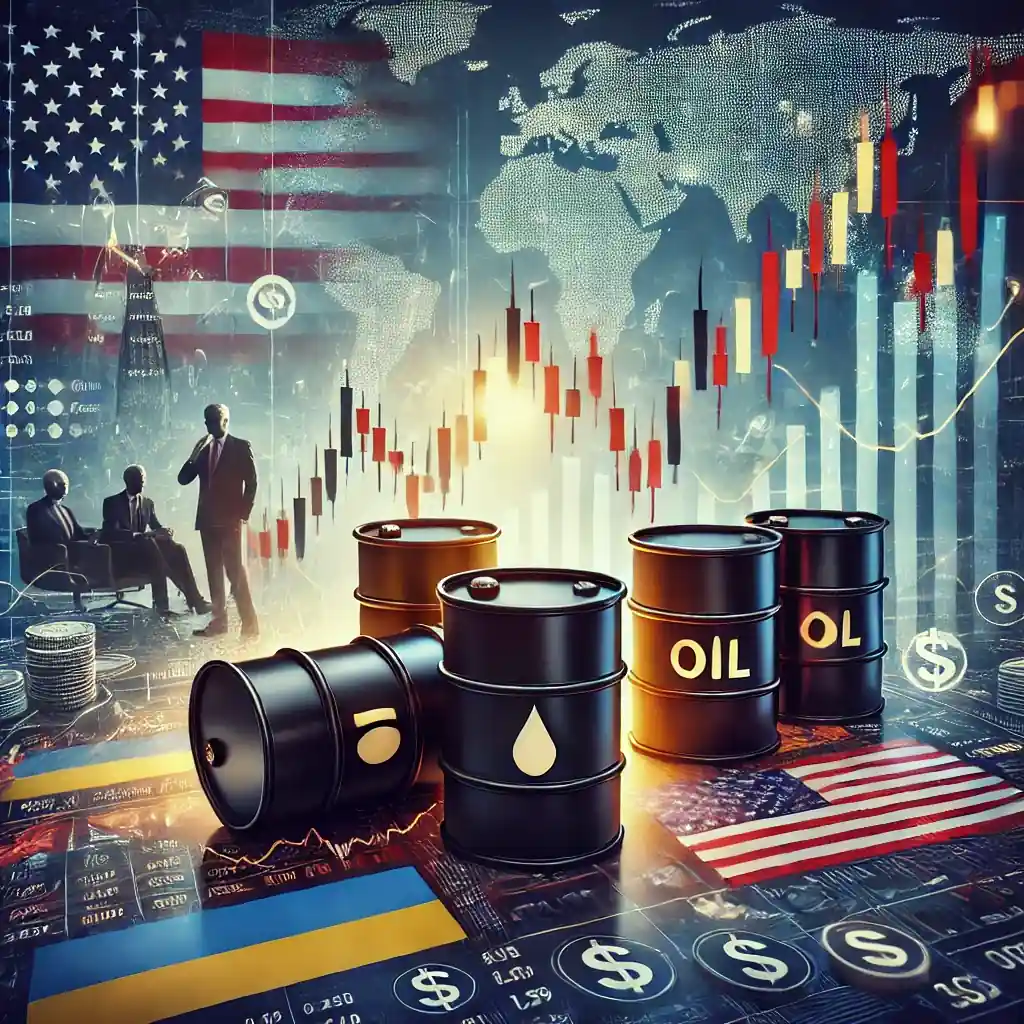 An illustration featuring oil barrels with a fluctuating price chart, diplomatic discussions, trade tariff symbols, and global economic indicators.
