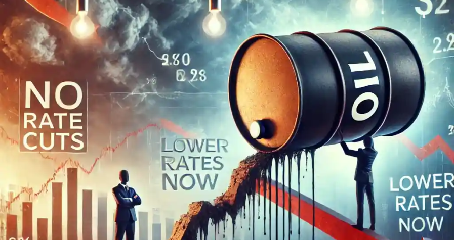 Symbolic illustration of oil price volatility with an oil barrel on a cracked chart, storm clouds above, and political and financial figures holding opposing signs.