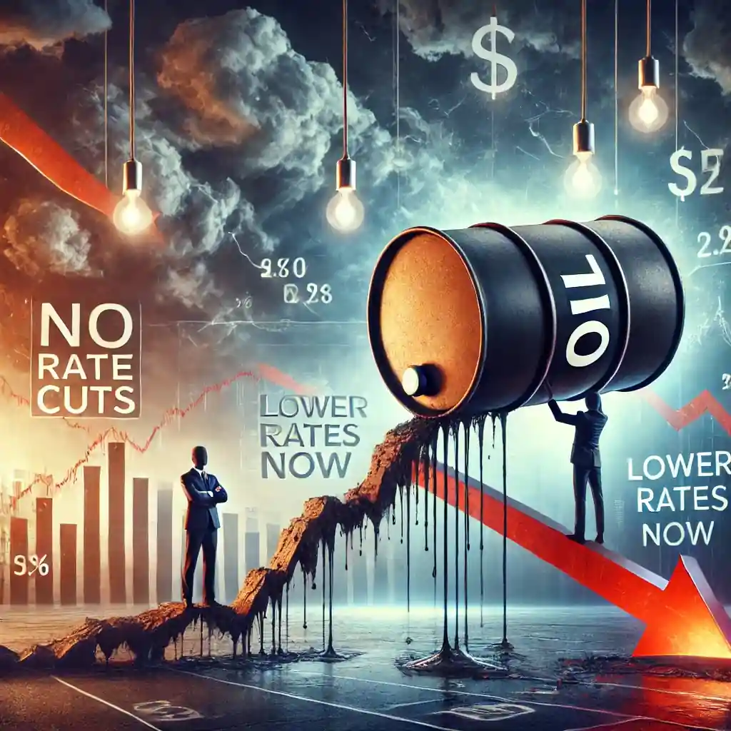 Symbolic illustration of oil price volatility with an oil barrel on a cracked chart, storm clouds above, and political and financial figures holding opposing signs.