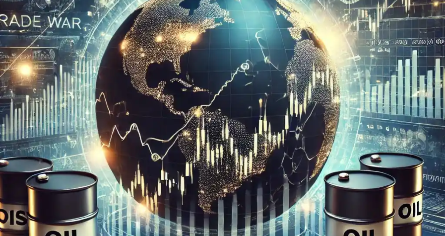 A high-tech financial illustration showing oil price fluctuations, stock market graphs, crude oil barrels, and global trade tension symbols between the U.S. and China.