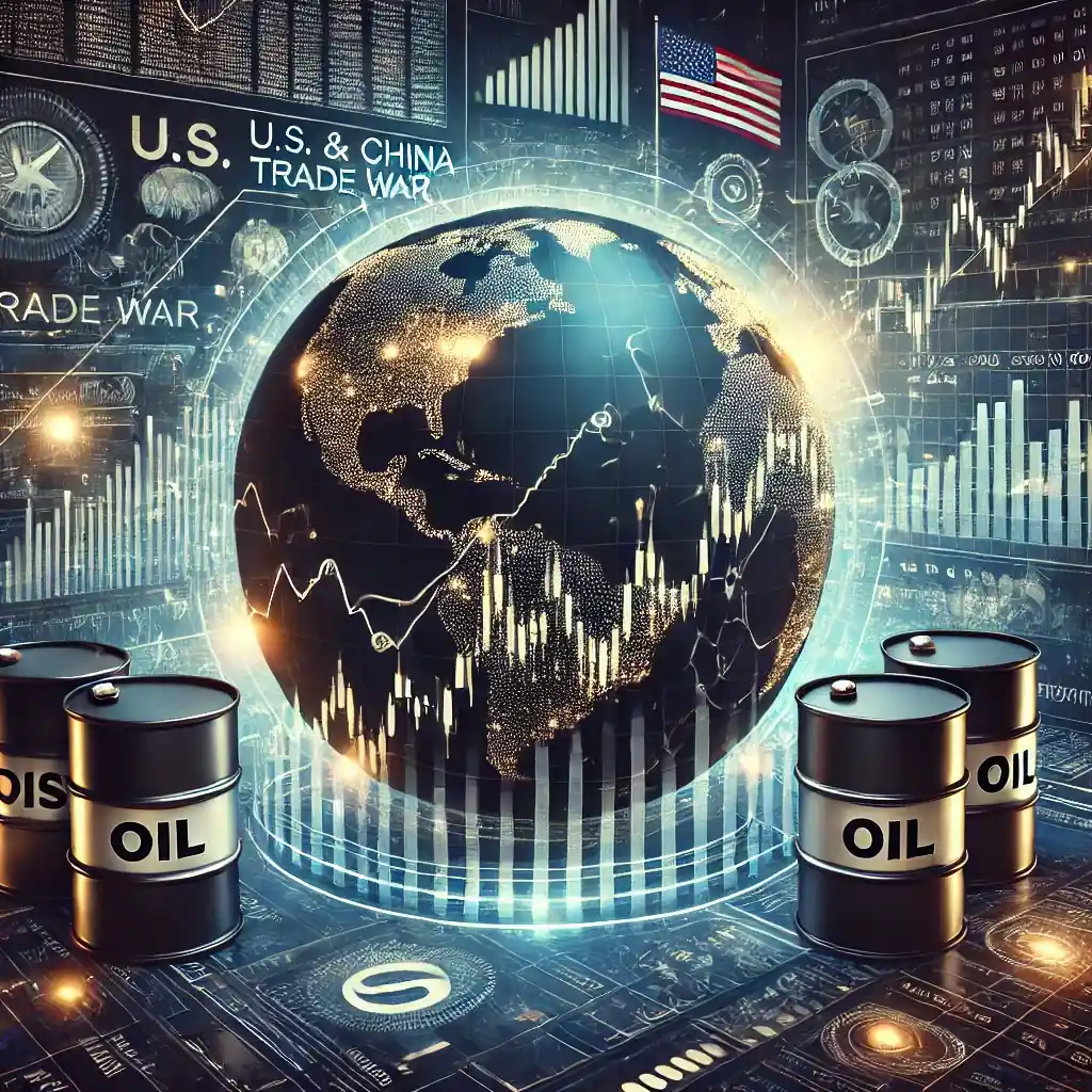 A high-tech financial illustration showing oil price fluctuations, stock market graphs, crude oil barrels, and global trade tension symbols between the U.S. and China.