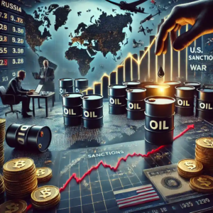 A realistic illustration of oil barrels rising on a stock chart, symbolizing market rebound amid global geopolitical tensions involving Russia, Ukraine, and U.S. trade wars.