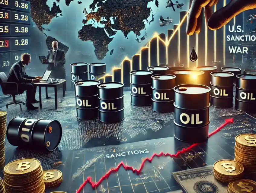 A realistic illustration of oil barrels rising on a stock chart, symbolizing market rebound amid global geopolitical tensions involving Russia, Ukraine, and U.S. trade wars.