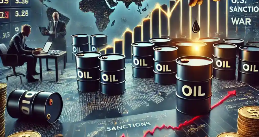A realistic illustration of oil barrels rising on a stock chart, symbolizing market rebound amid global geopolitical tensions involving Russia, Ukraine, and U.S. trade wars.