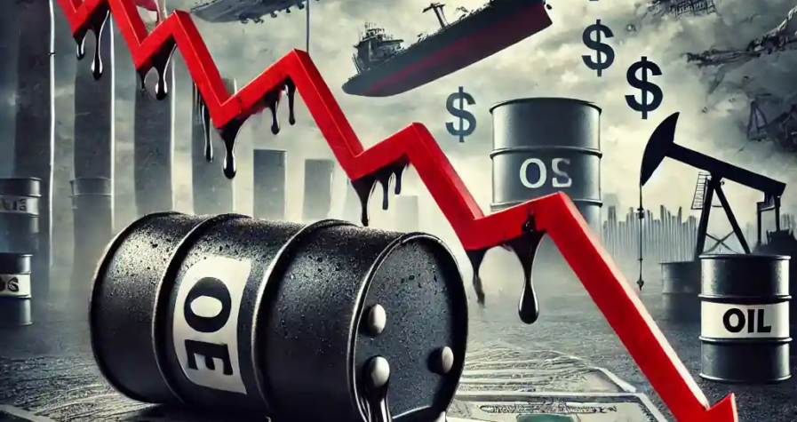 Realistic digital illustration showing oil barrels spilling crude oil onto a red downward graph, symbolizing falling oil prices due to trade tensions.