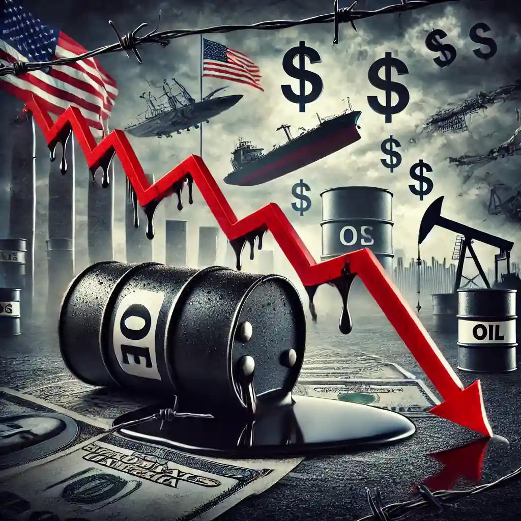 Realistic digital illustration showing oil barrels spilling crude oil onto a red downward graph, symbolizing falling oil prices due to trade tensions.