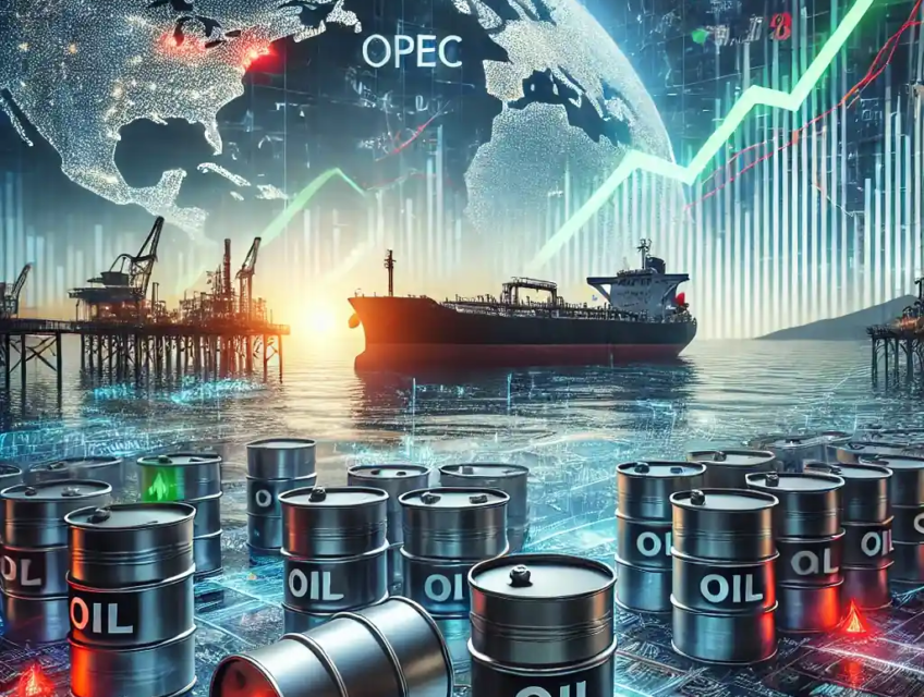 Digital illustration of oil barrels, pipelines, and charts showing Brent and WTI price stabilization.