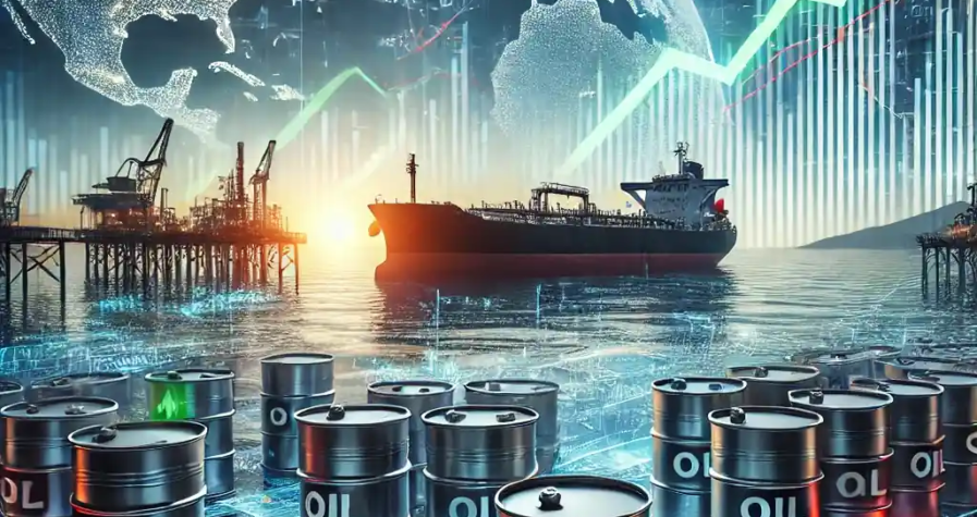 Digital illustration of oil barrels, pipelines, and charts showing Brent and WTI price stabilization.