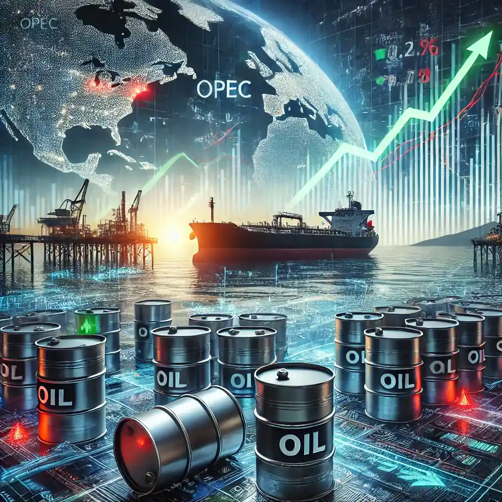 Digital illustration of oil barrels, pipelines, and charts showing Brent and WTI price stabilization.