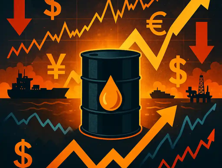 An illustration of rising oil prices represented by a glowing oil barrel and a bullish stock chart, with U.S. and Venezuelan trade symbols in the background.