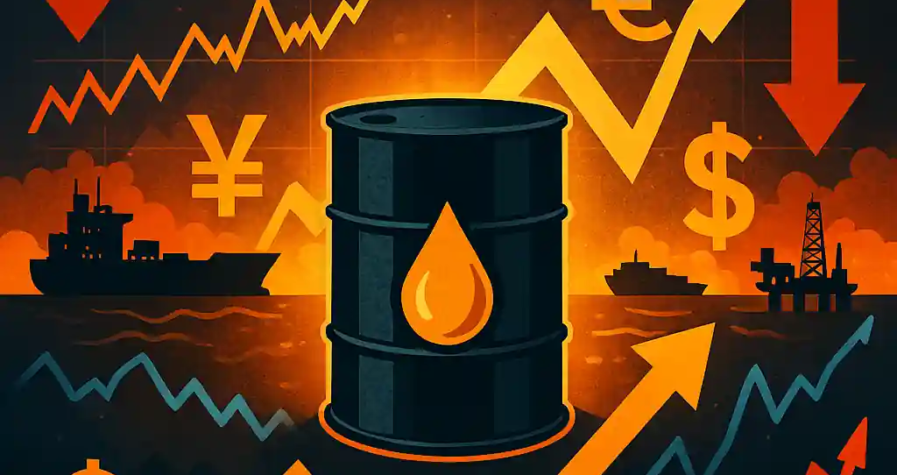 An illustration of rising oil prices represented by a glowing oil barrel and a bullish stock chart, with U.S. and Venezuelan trade symbols in the background.