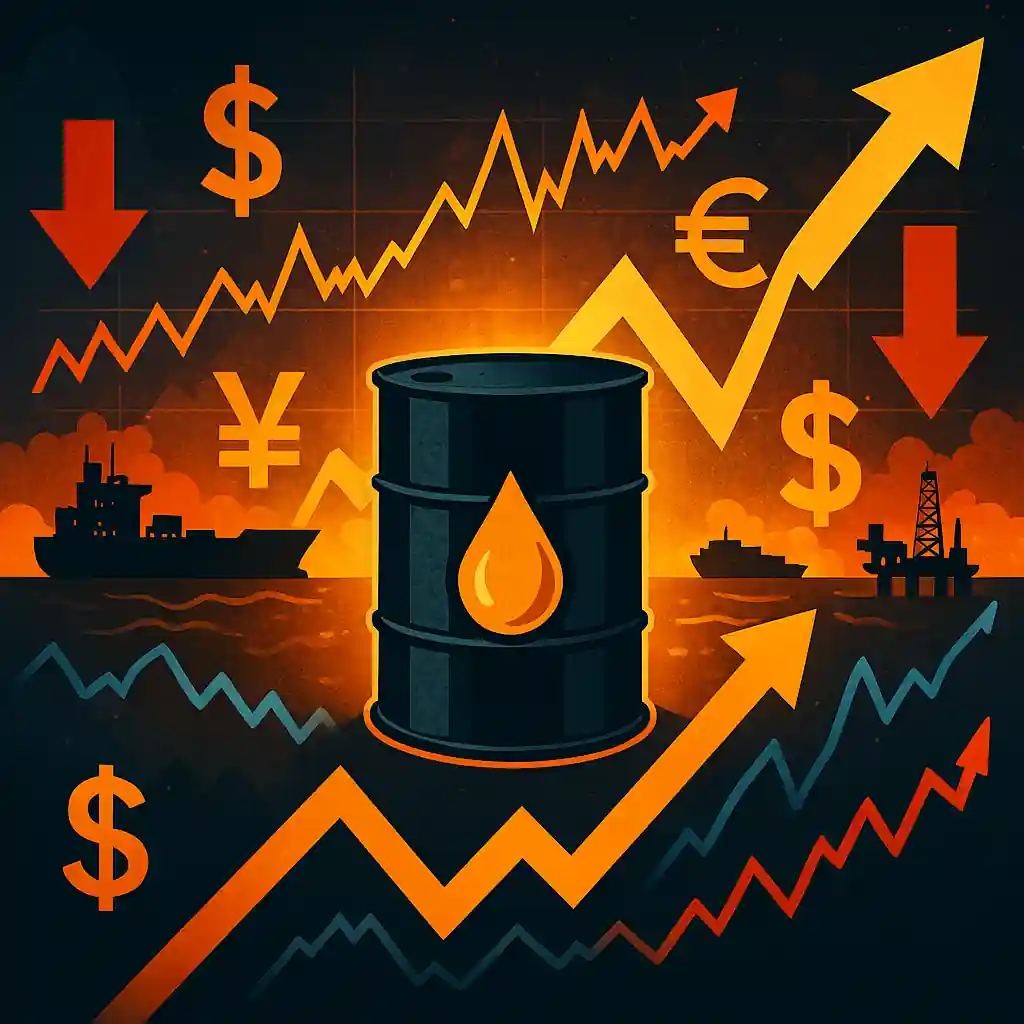 An illustration of rising oil prices represented by a glowing oil barrel and a bullish stock chart, with U.S. and Venezuelan trade symbols in the background.