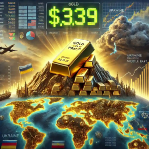 Illustration symbolique de la montée historique du prix de l’or à 3 039 dollars l’once, sur fond de crise mondiale.
