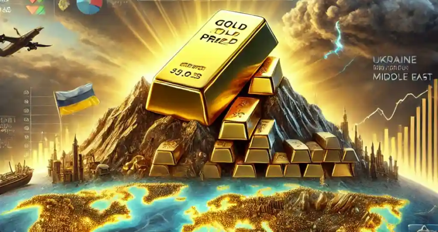 Illustration symbolique de la montée historique du prix de l’or à 3 039 dollars l’once, sur fond de crise mondiale.