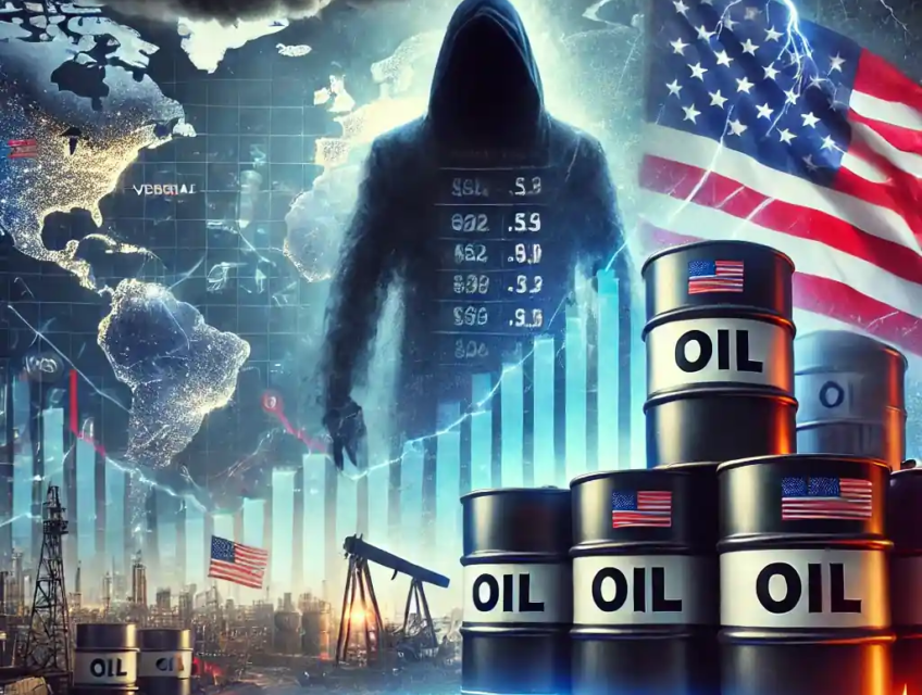 Illustration symbolique des tensions géopolitiques impactant les prix du pétrole, avec barils, cartes du monde et influence politique.