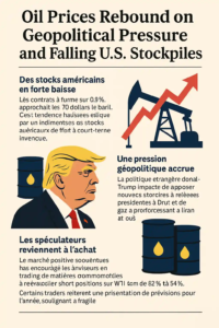 Infographie illustrant la hausse des prix du pétrole, avec Donald Trump, des barils de brut et une pompe pétrolière, sur fond de données économiques.