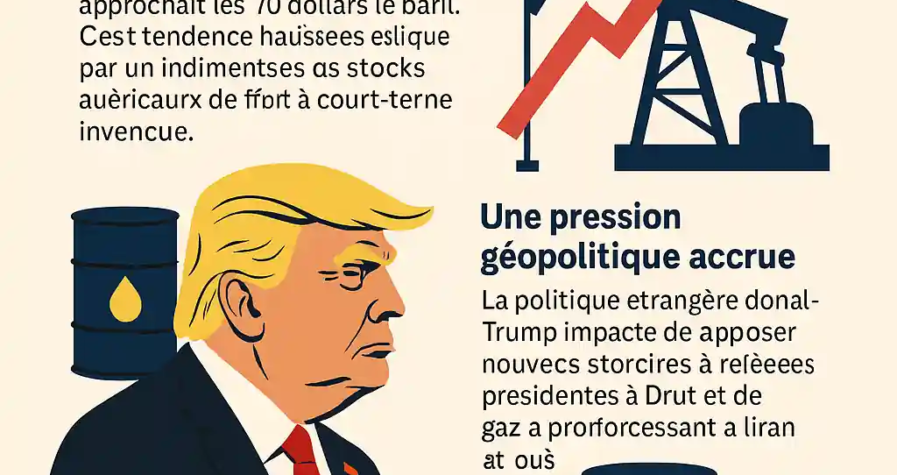 Infographie illustrant la hausse des prix du pétrole, avec Donald Trump, des barils de brut et une pompe pétrolière, sur fond de données économiques.