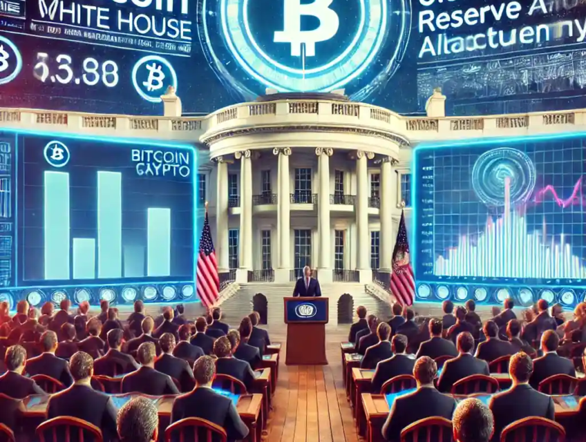 A futuristic digital illustration of a pro-crypto White House summit with Michael Saylor addressing policymakers on Bitcoin adoption.