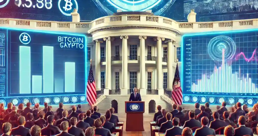 A futuristic digital illustration of a pro-crypto White House summit with Michael Saylor addressing policymakers on Bitcoin adoption.