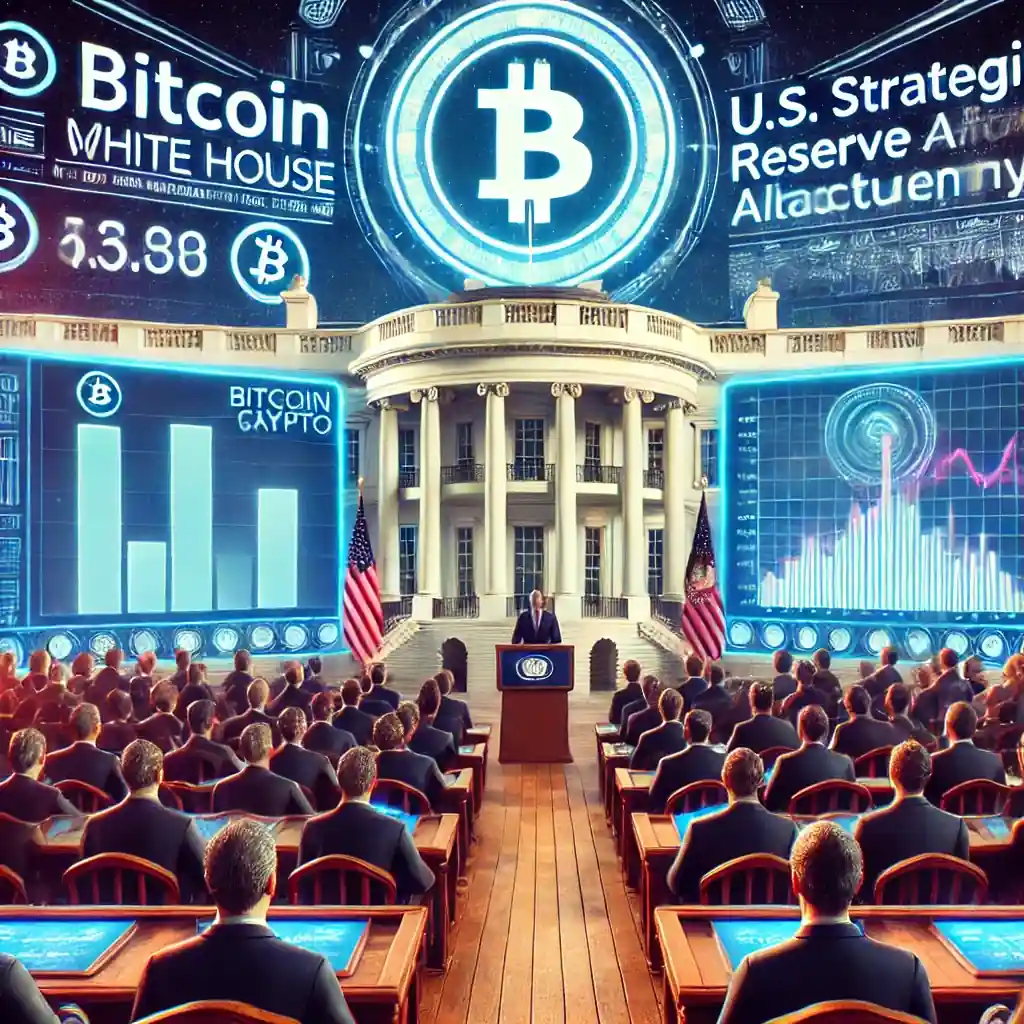 A futuristic digital illustration of a pro-crypto White House summit with Michael Saylor addressing policymakers on Bitcoin adoption.