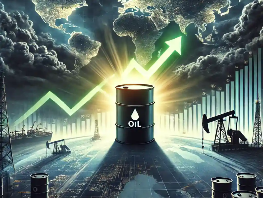 Illustration numérique du rebond du marché pétrolier avec baril lumineux et flèches vertes sur fond de carte géopolitique