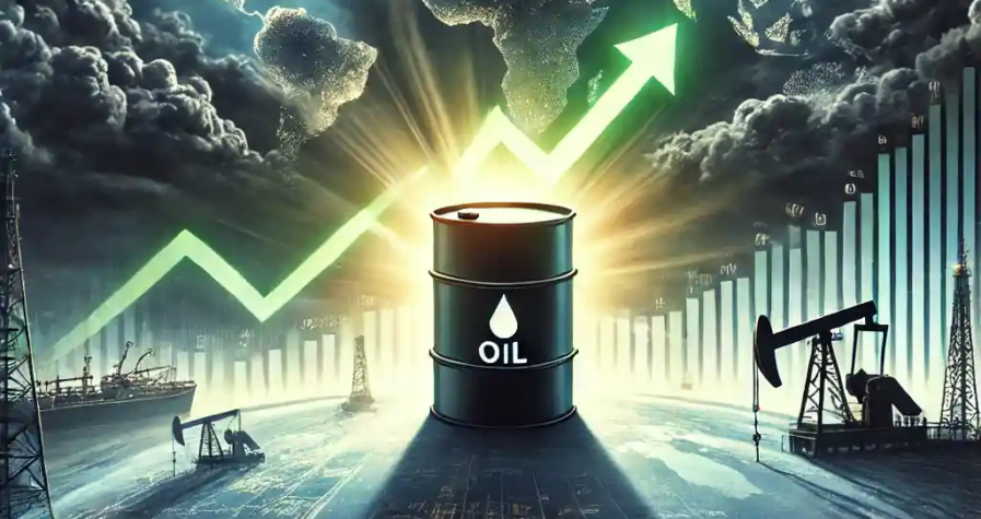 Illustration numérique du rebond du marché pétrolier avec baril lumineux et flèches vertes sur fond de carte géopolitique