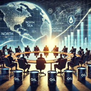 Illustration d'une salle de conseil représentant la restructuration de la direction de Gunvor, avec des graphiques pétroliers, des barils et une carte du commerce mondial de l’énergie.