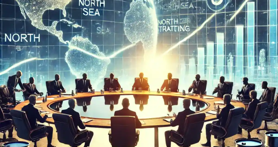 Illustration d'une salle de conseil représentant la restructuration de la direction de Gunvor, avec des graphiques pétroliers, des barils et une carte du commerce mondial de l’énergie.