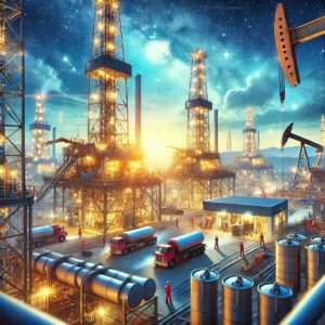 Illustration détaillée d’un site de forage pétrolier aux États-Unis, représentant l’augmentation des plateformes actives et la reprise du marché du pétrole en 2025.