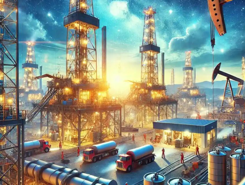 Illustration détaillée d’un site de forage pétrolier aux États-Unis, représentant l’augmentation des plateformes actives et la reprise du marché du pétrole en 2025.