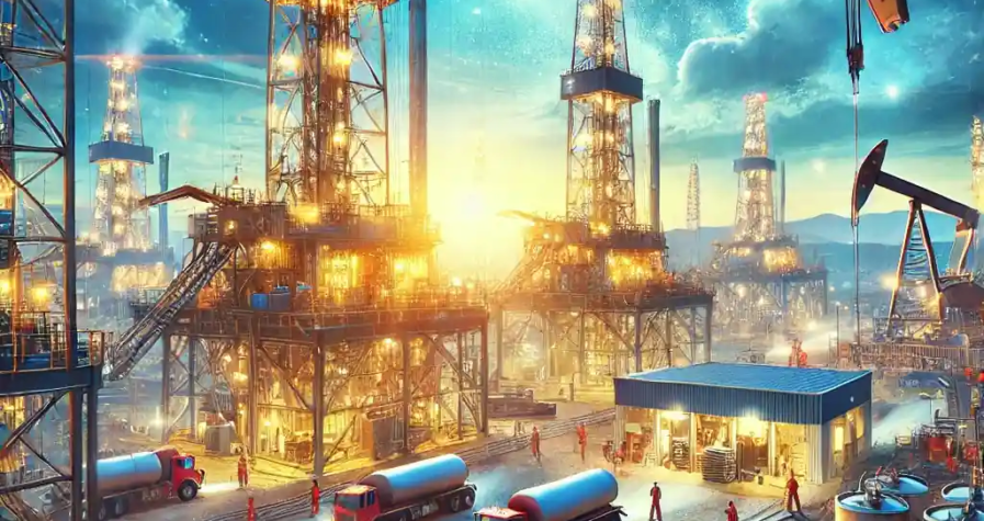 Illustration détaillée d’un site de forage pétrolier aux États-Unis, représentant l’augmentation des plateformes actives et la reprise du marché du pétrole en 2025.