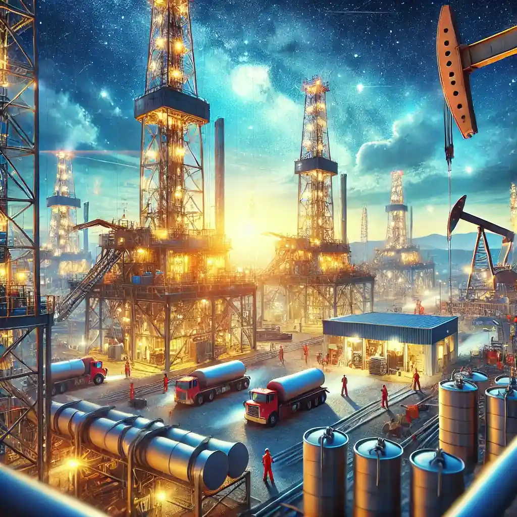 Illustration détaillée d’un site de forage pétrolier aux États-Unis, représentant l’augmentation des plateformes actives et la reprise du marché du pétrole en 2025.