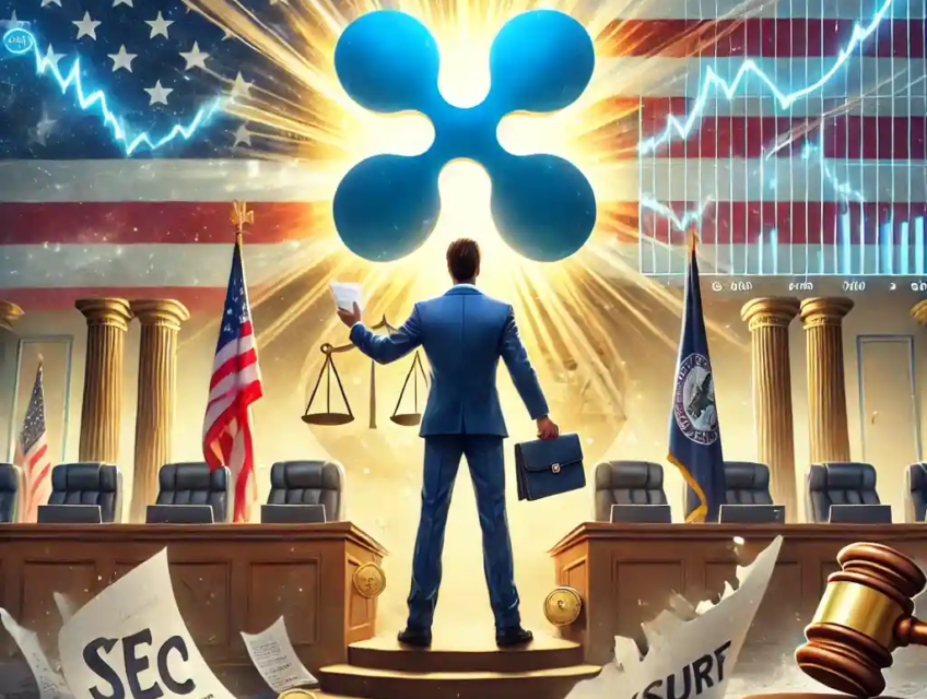 Digital illustration of Ripple’s XRP victory over the SEC, symbolized by a phoenix-like XRP logo rising above shattered legal documents.