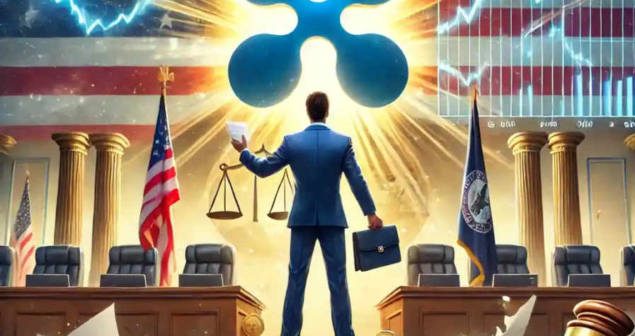 Digital illustration of Ripple’s XRP victory over the SEC, symbolized by a phoenix-like XRP logo rising above shattered legal documents.