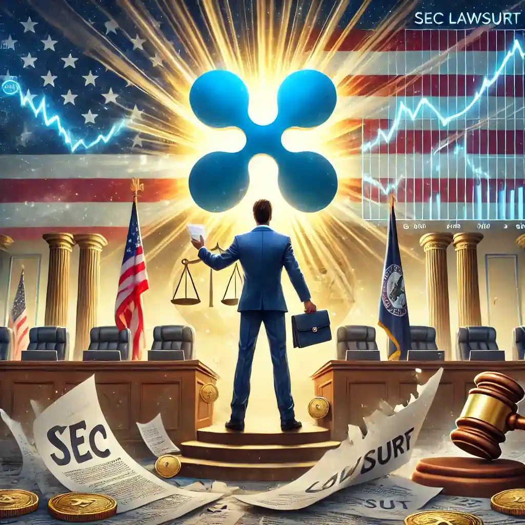 Digital illustration of Ripple’s XRP victory over the SEC, symbolized by a phoenix-like XRP logo rising above shattered legal documents.