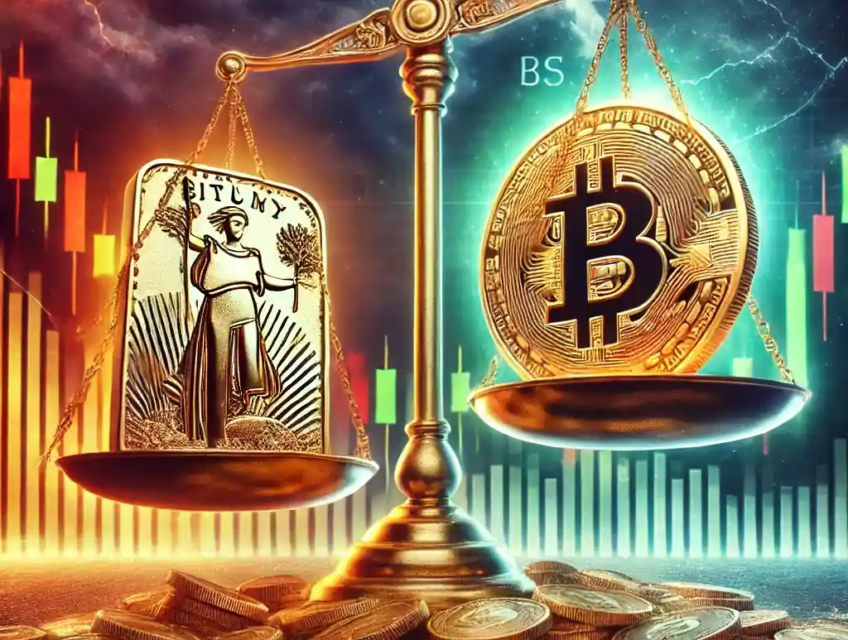 Illustration symbolique d'une balance entre une pièce d'or et un Bitcoin numérique, représentant la rivalité entre or et crypto.