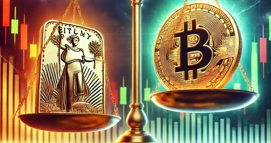 Illustration symbolique d'une balance entre une pièce d'or et un Bitcoin numérique, représentant la rivalité entre or et crypto.