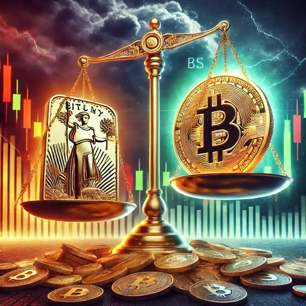 Illustration symbolique d'une balance entre une pièce d'or et un Bitcoin numérique, représentant la rivalité entre or et crypto.
